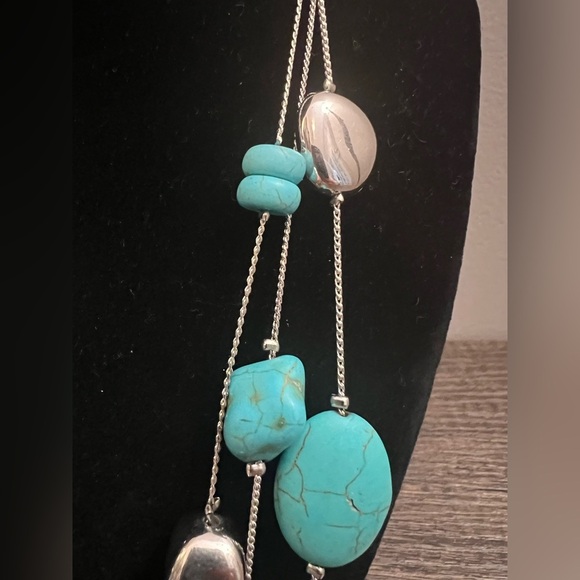 2 turquoise colored and silver necklaces, one multi strand and other w/pendant - Picture 10 of 11